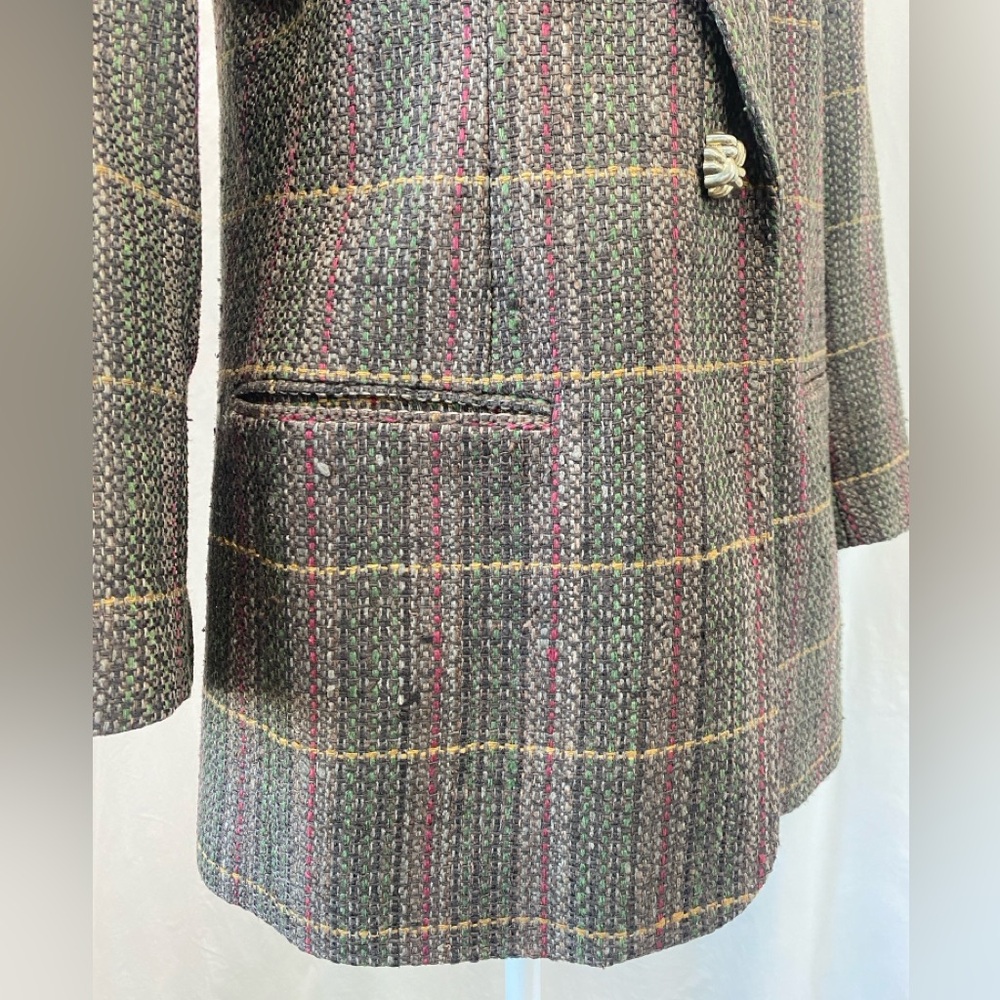 Doncaster Vintage 80s 100% Silk Brown Tweed Multicolor Plaid Longline Blazer 8 - Picture 8 of 17